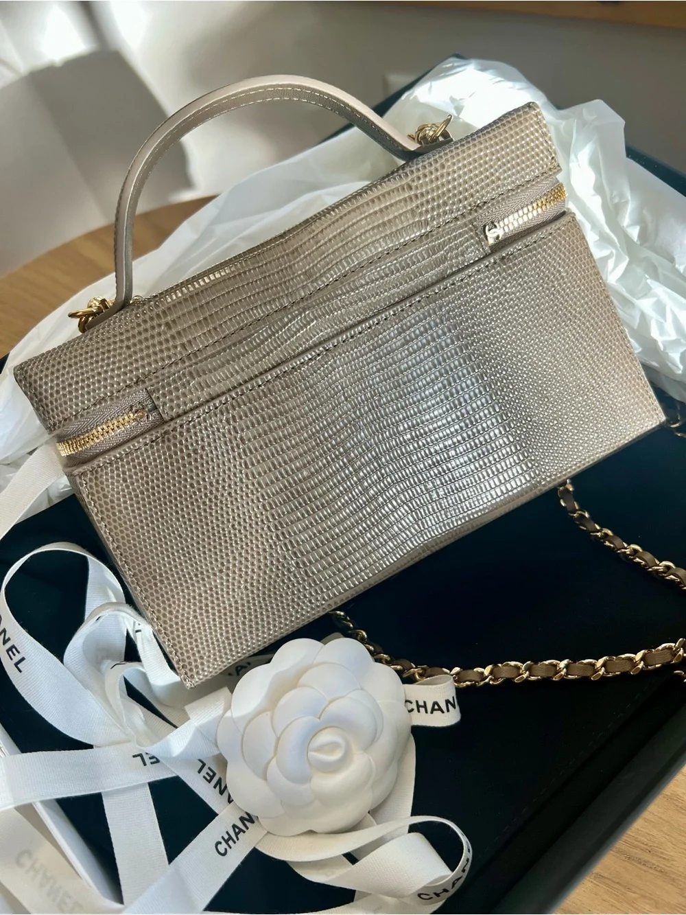 Chanel 26A Dark Khaki Lizard-Embossed Calfskin Top Handle Vanity Case w/Chain
